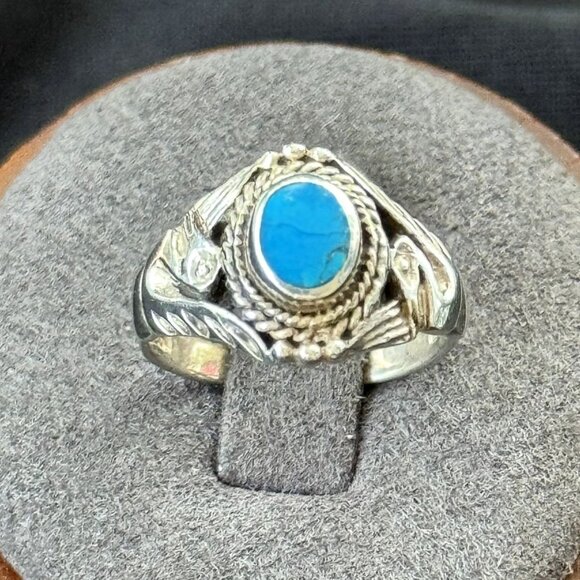 VTG Solid Sterling Silver 925 Turquoise Swan Bezel Set Statement Ring Size 6 Fit - Picture 1 of 11